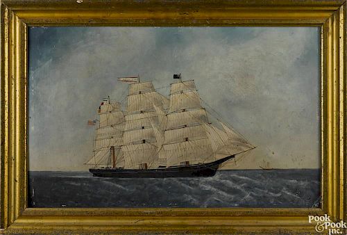 American oil on board seascape, late 19th c., depicting the U.S. ship Matchless