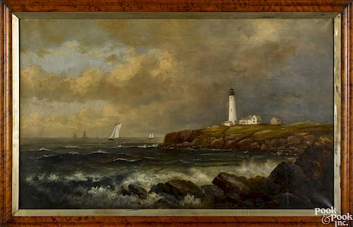 American oil on canvas coastal scene, late 19th c., with a lighthouse, inscribed on stretcher