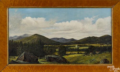 New York or New England oil on canvas landscape, 19th c., depicting a farm and a valley, 13'' x 23''