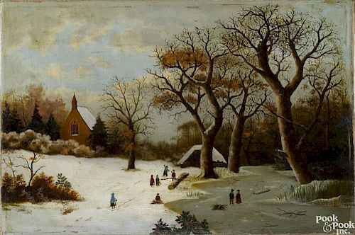 Oil on canvas winter landscape, 19th c., 14'' x 21''.