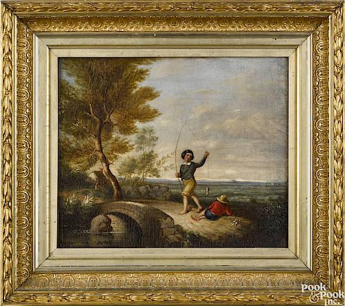 James Bogle (American 1817-1873), oil on canvas depicting boys fishing, inscribed verso