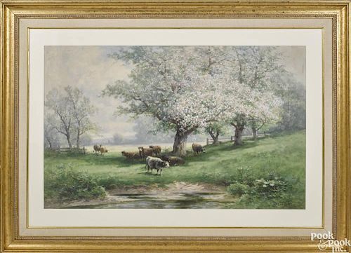 Carl Philipp Weber (American 1850-1921), watercolor landscape with cows by a river