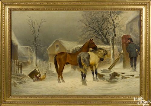 Peter Moran (American 1841-1914), oil on canvas winter farm scene, signed lower left, 24'' x 36''
