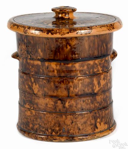 Pennsylvania redware covered canister, 19th c., impressed John Bell Waynesboro on lid, 7 1/2'' h.