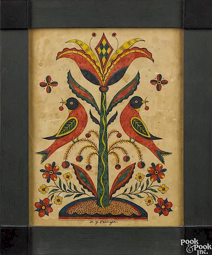David Y. Ellinger (American 1913-2003), watercolor drawing of birds flanking a tulip tree