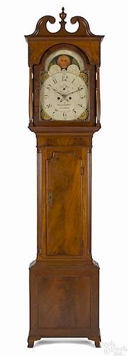 Philadelphia Chippendale mahogany tall case clock, ca. 1800, the broken arch bonnet