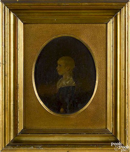 Pennsylvania oil on poplar panel portrait of a boy, mid 19th c., 8 1/4'' x 6 3/4''.