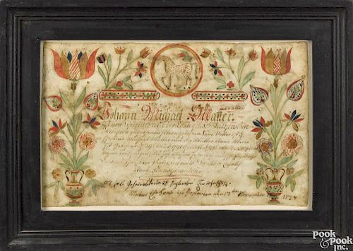 Pennsylvania ink and watercolor fraktur, dated 1824, for Johann Michael Matter, Dauphin County
