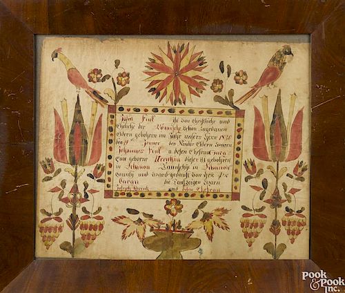 Abraham Huth (Lebanon County, Pennsylvania, active 1807-1830), ink and watercolor fraktur