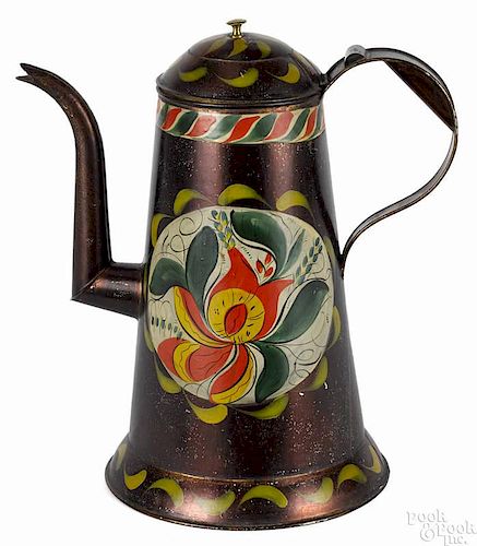 Pennsylvania toleware lighthouse coffee pot, 19th c., with vibrant polychrome floral decoration