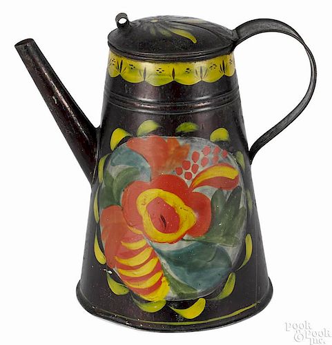 Pennsylvania toleware coffee pot, 19th c., with polychrome floral decoration, 9'' h.