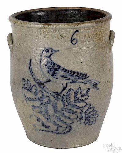 Six-gallon stoneware crock, 19th c., probably Ohio, having a bold cobalt decoration of a bird