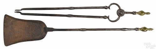 Chippendale brass and iron fire tongs and shovel, ca. 1790, with diamond and flame finials