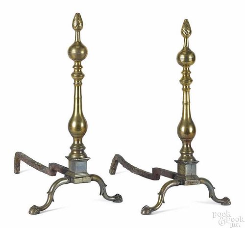 Pair of Philadelphia Chippendale brass andirons, late 18th c., having vasiform shafts