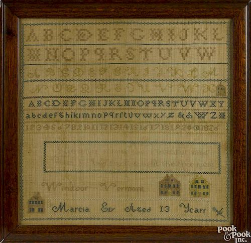 Windsor, Vermont silk on linen sampler, dated 1826, wrought by Marcia Ely, 16 1/2'' x 17''.