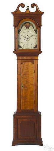Philadelphia Federal cherry and maple tall case clock, early 19th c., with an eight-day works