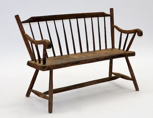 Early 19C New England Primitive Pine Porch Bench