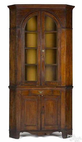 Pennsylvania curly maple two-part corner cupboard, ca. 1800, 83'' h., 40'' w.