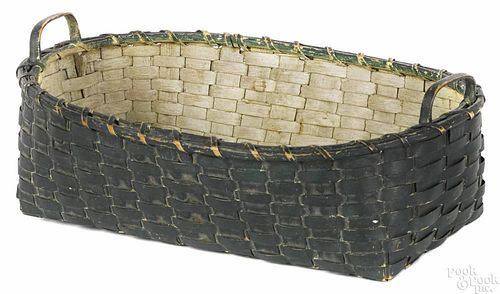 Painted splint gathering basket, 19th c., retaining an old green surface with a white interior
