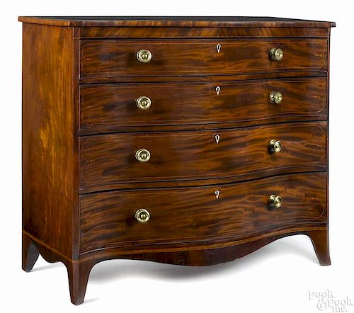 Federal mahogany chest of drawers, ca. 1805, with a serpentine front and overall line inlay