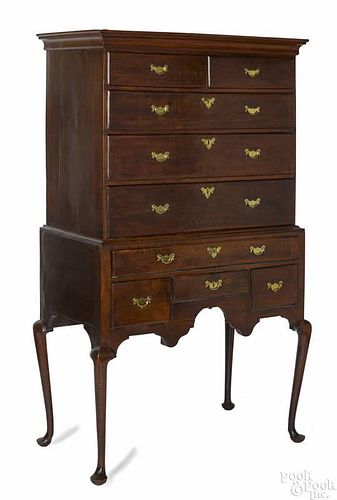 New England Queen Anne tiger maple high chest, ca. 1760, with delicate cabriole legs
