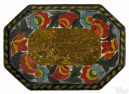 Pennsylvania toleware octagonal tray, 19th c., with polychrome floral decoration