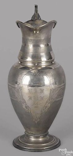 New York coin silver pitcher, dated 1863, bearing the touch of Wood and Hughes, 13 1/4'' h.