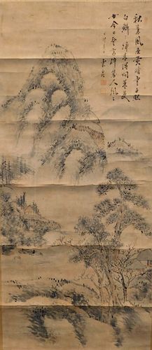 Chinese Mountain Landscape Scroll WC Painting