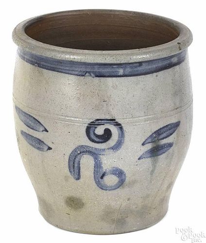 Pennsylvania two-gallon stoneware crock, 19th c., with a stylized cobalt 2, 10'' h.