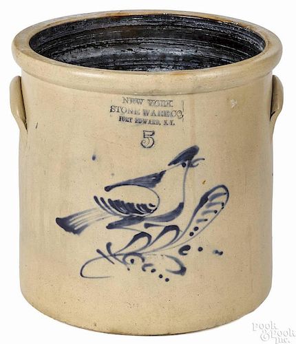 Fort Edward, New York five-gallon stoneware crock, 19th c., impressed New York Stoneware Co.