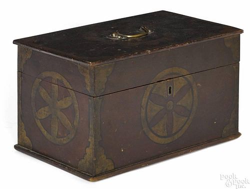 Pennsylvania painted pine lock box, 19th c., with a gilt compass star and columns