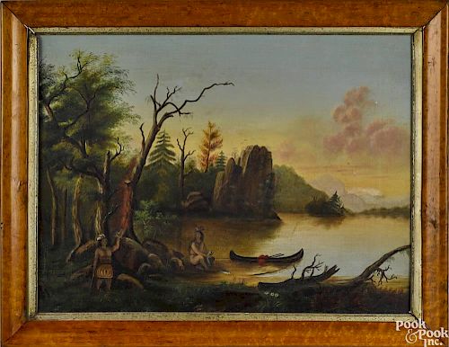 American oil on canvas primitive landscape, 19th c., with Native Americans fishing and hunting