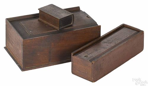 Three Pennsylvania slide lid boxes, 19th c., to include a walnut book-form box, 1 3/4'' h.