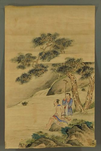 Chinese Scholar & Boy Landscape Scroll Painting