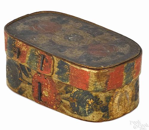 Painted pine bentwood box, 19th c., retaining its original polychrome floral decoration, 2 1/2'' h.