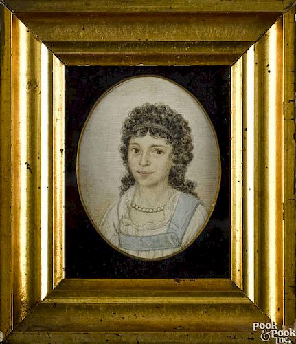 David Boudin (American/Swiss 1748-1816), miniature watercolor and pencil portrait of a young girl