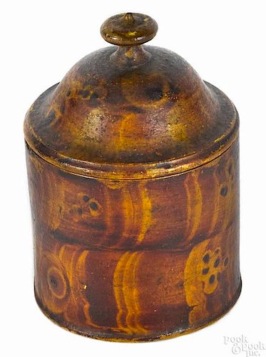 Painted treenware spice box, 19th c., retaining the original red and yellow grained decoration