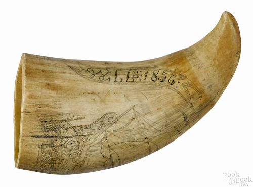 Scrimshaw decorated whale tooth, dated 1856 and signed Wills, depicting the frigate