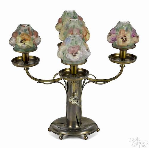Pairpoint brass candelabra with five reverse painted puffy shades, 16 1/2'' h., 17 1/2'' w.