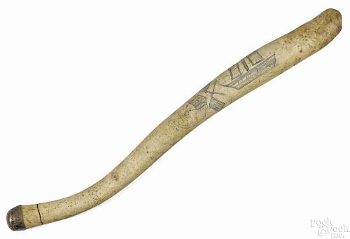 Walrus oosik or baculum seal club, late 19th c., with scrimshaw and silver inlay