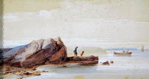 19C Italian Miniature Fishermen Seascape Painting