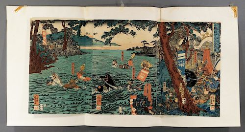 19C Japanese Triptych Samurai Woodblock Print