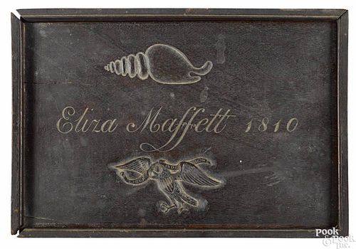 American carved walnut sailor's shell box, inscribed on lid Eliza Maffett 1810