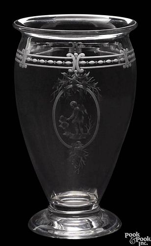 Rare T.G. Hawkes & Co. clear glass vase, engraved by William H. Morse, with an oblong vignette