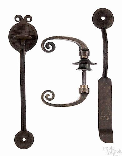 Samuel Yellin wrought iron thumb latch and bar, both stamped with the maker