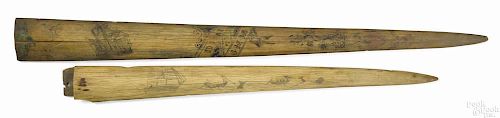 Two scrimshaw decorated swordfish bills, 19th c., the larger with a frigate
