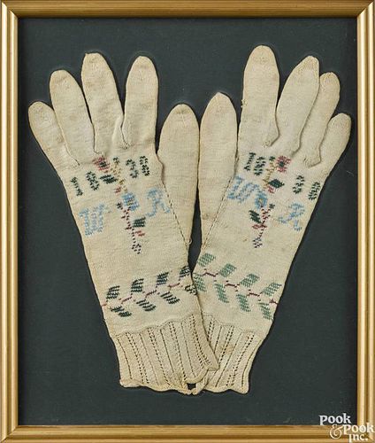 Pair of Lancaster County, Pennsylvania beaded and crocheted gloves, dated 1838, initialed WR
