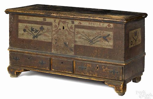 Pennsylvania painted poplar dower chest, dated 1793, with bird and floral decoration
