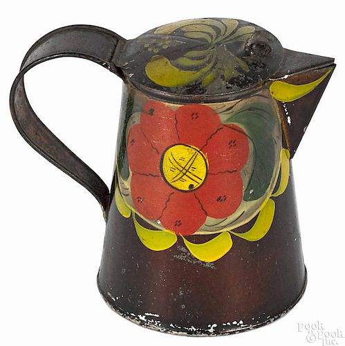 Pennsylvania toleware syrup pitcher, 19th c., with polychrome floral decoration, 4'' h.