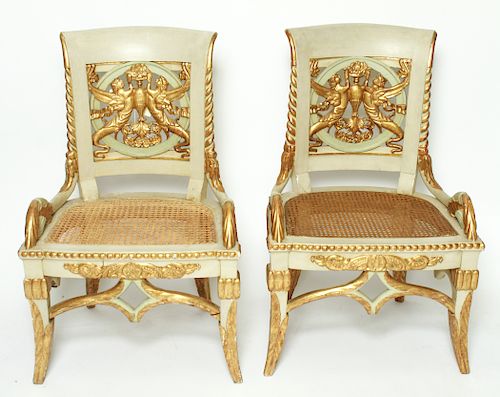 Spanish Neoclassical Cream & Gilt Wood Chairs Pair